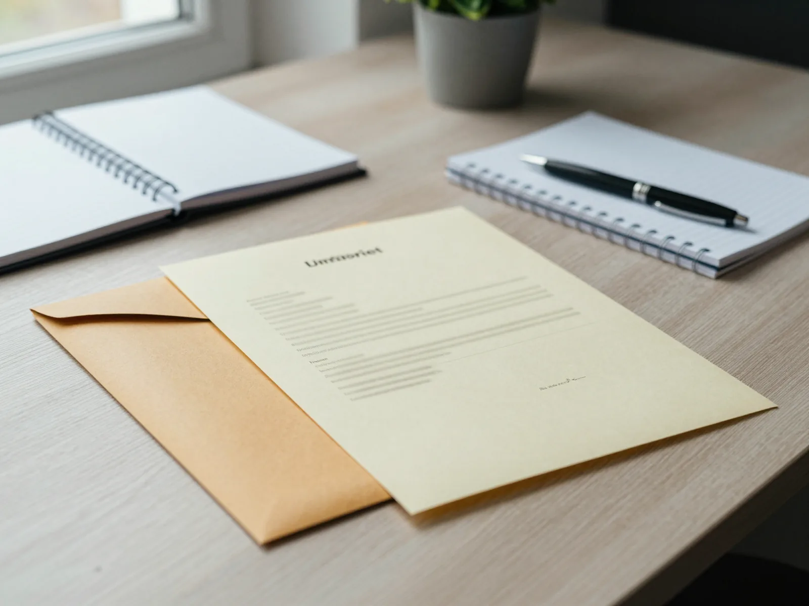 Behoerdliches Schreiben mit Aktenzeichen auf einem Tisch, daneben Brille und Notizblock.