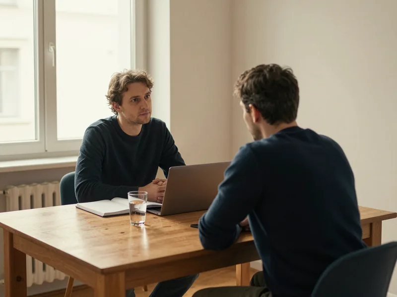 Sachliche Bueroszene – zwei Menschen im Gespraech am Besprechungstisch, von hinten aufgenommen.