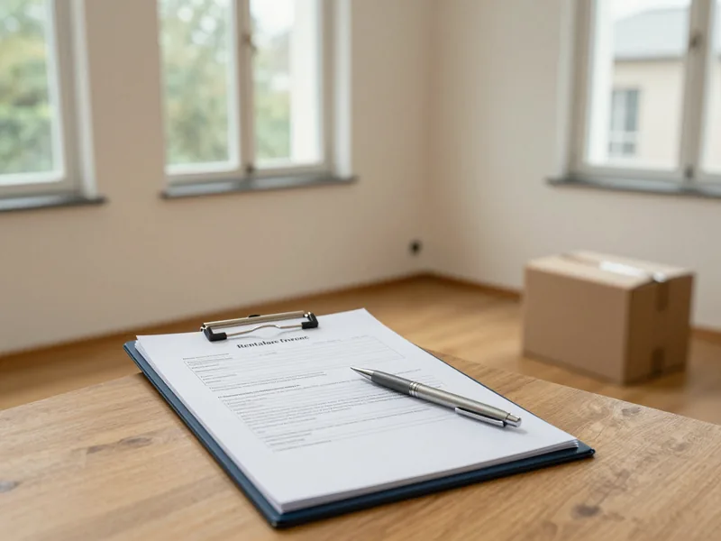 Mietvertrag und Klemmbrett auf einem Tisch in einer leeren Wohnung.