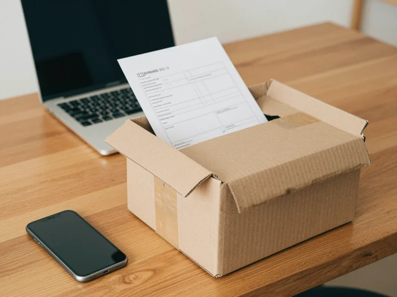 Geoeffnetes Paket mit Smartphone und Laptop, Rechnung liegt daneben.