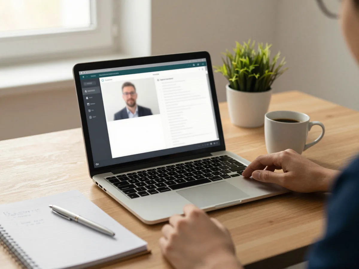 Realistische Beratungssituation: Laptop mit sichtbarer Videokonferenz, Notizblock und Stift auf einem Holztisch am Fenster.